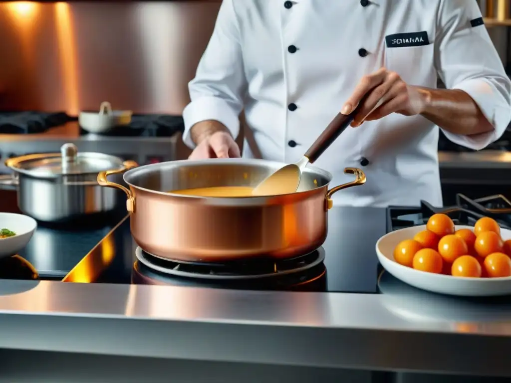 Un chef experto emulsionando una salsa francesa en una cocina profesional