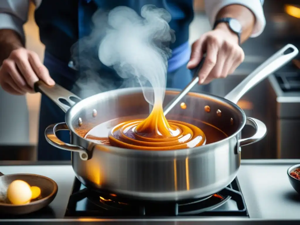 Un chef experto emulsionando una salsa francesa con maestría y precisión en una cacerola de acero inoxidable