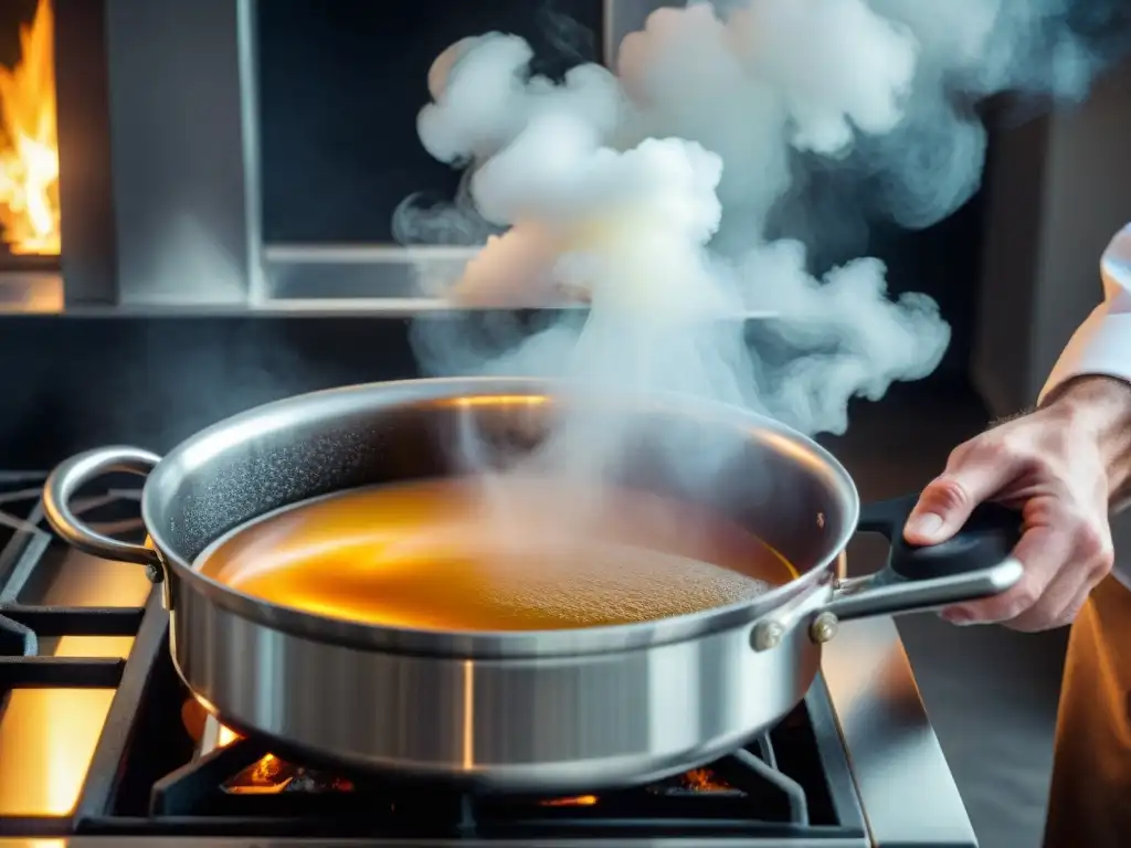 Un chef experto emulsionando una salsa francesa con precisión