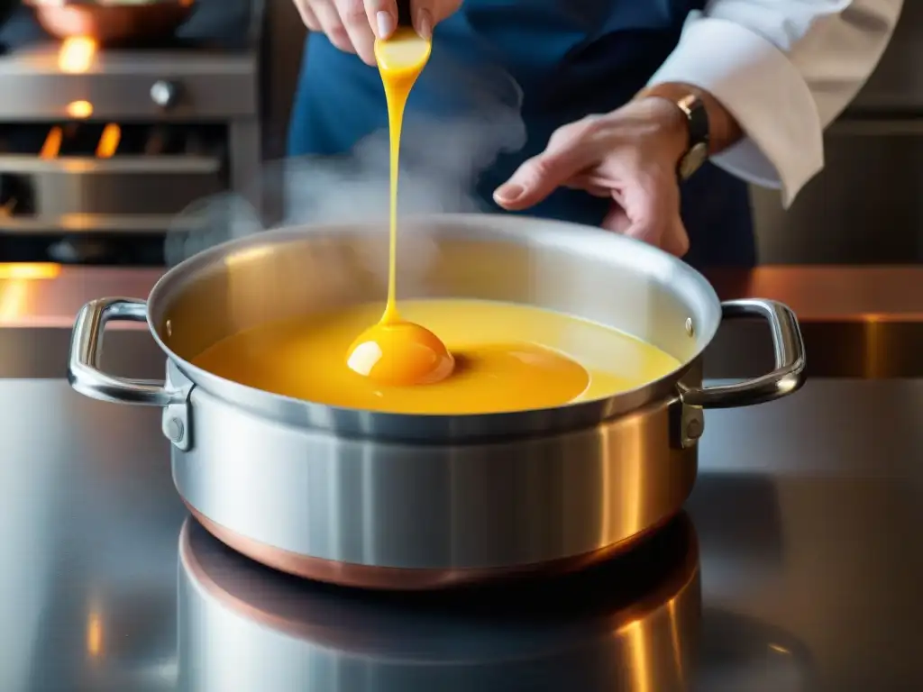 El chef experto emulsiona salsas francesas en una cacerola de cobre, mostrando técnicas culinarias precisas y artísticas