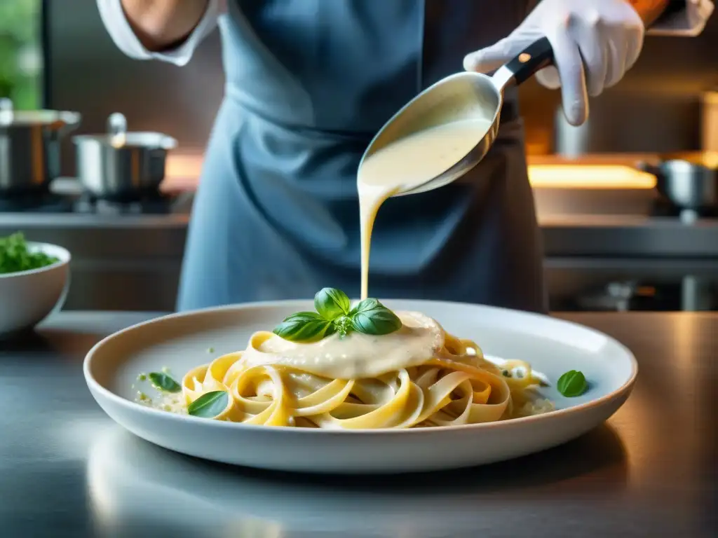 Un chef experto armoniza salsas hermanadas Béchamel Alfredo con destreza sobre fettuccine recién cocido