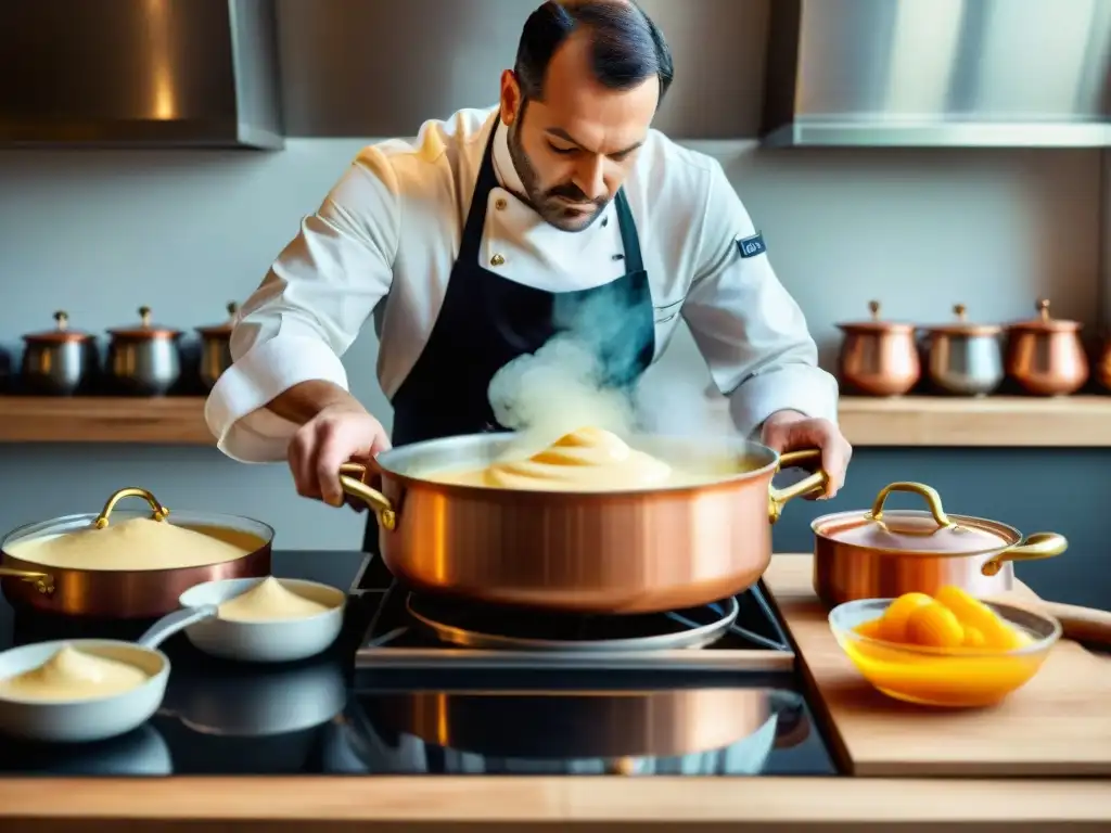 Chef preparando salsas madre francesas en cocina tradicional Chef experto preparando las cinco salsas madre de la gastronomía francesa en cocina tradicional