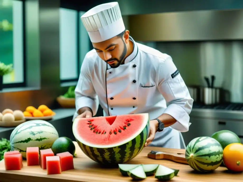 Un chef experto tallando una sandía con precisión y arte, rodeado de frutas y verduras talladas