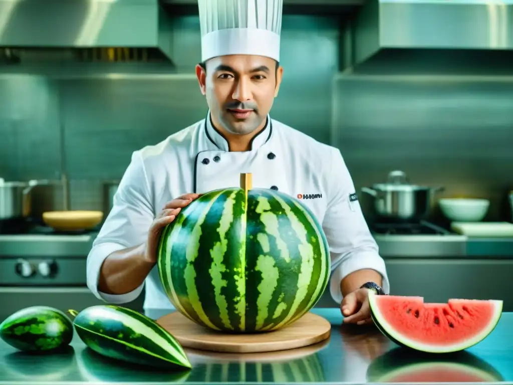 Un chef experto tallando una sandía con precisión en una cocina profesional, destacando el arte del tallado de alimentos en gastronomía