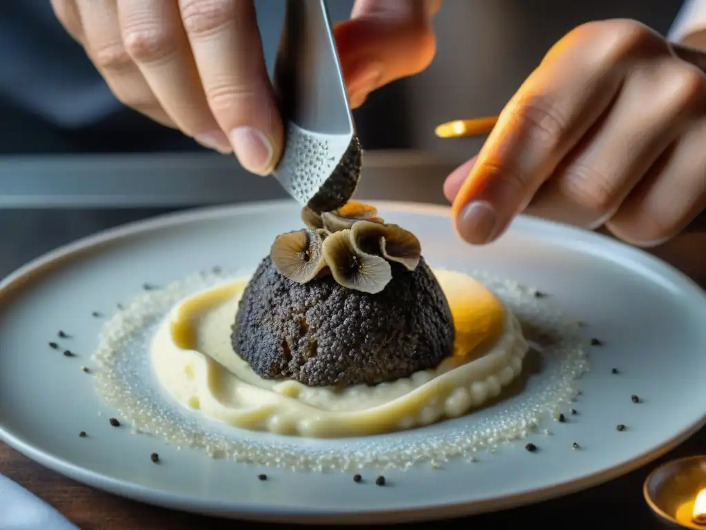Chef experto desmenuzando trufa sobre risotto cremoso en cocina de lujo Un chef experto revela los secretos culinarios de la trufa en un elegante restaurante