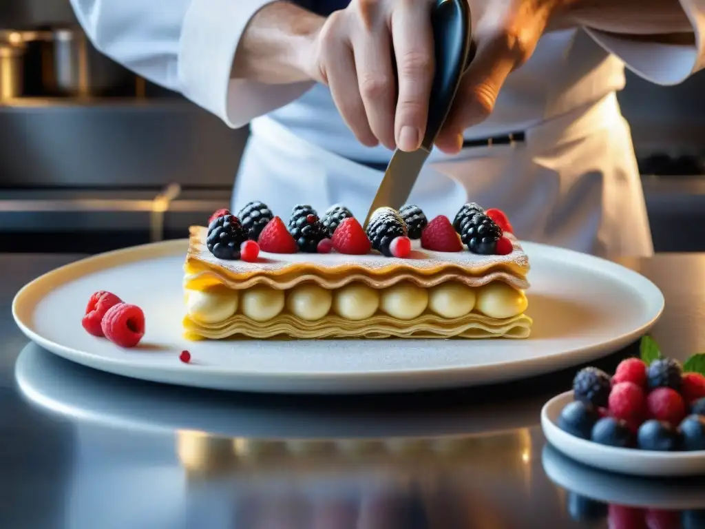 Un chef experto revela los secretos de la gastronomía francesa al preparar un delicado millefeuille con frutas frescas y brillo en la masa