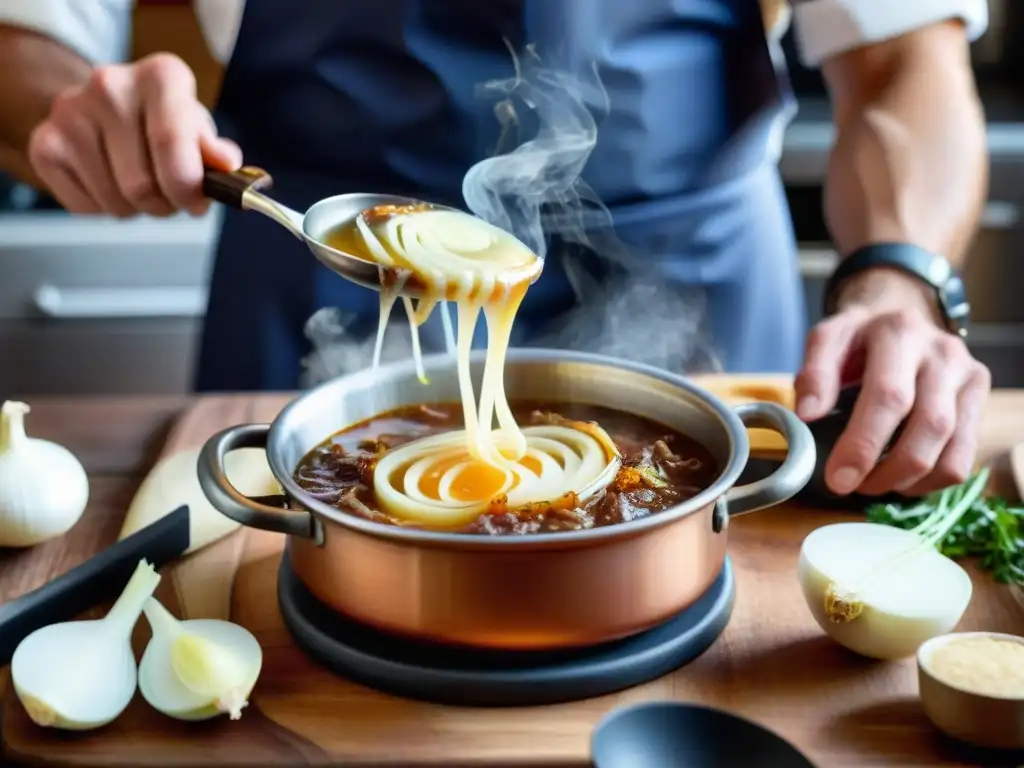 Un chef experto preparando sopa de cebolla francesa en una cocina rústica