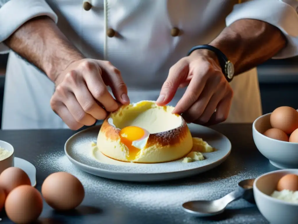 Un chef experto en soufflé mezcla las claras con destreza