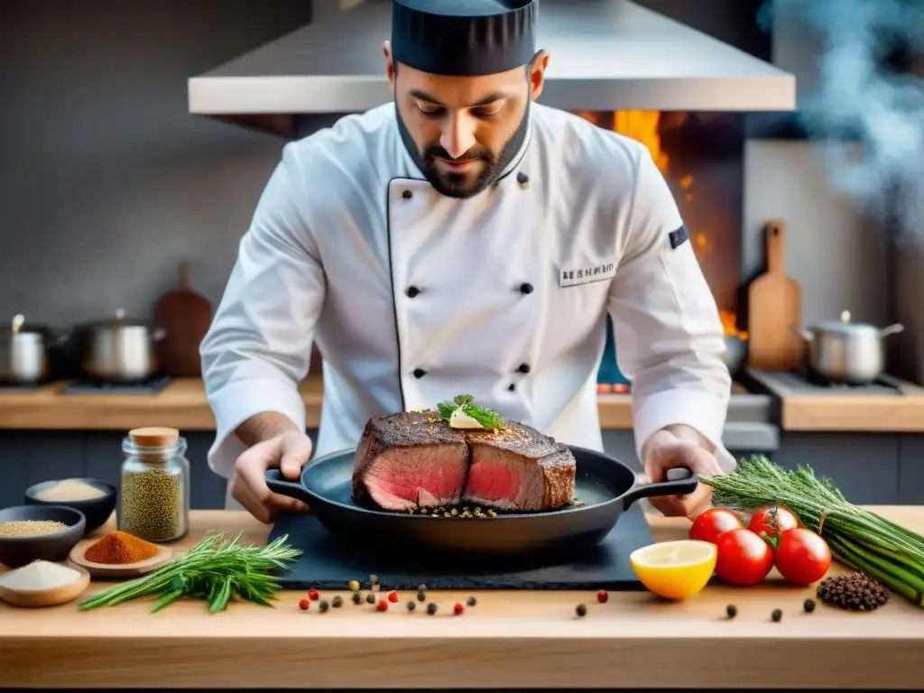 Un chef francés experto cocina un Steak au Poivre mientras las especias en frascos decoran la cocina rústica