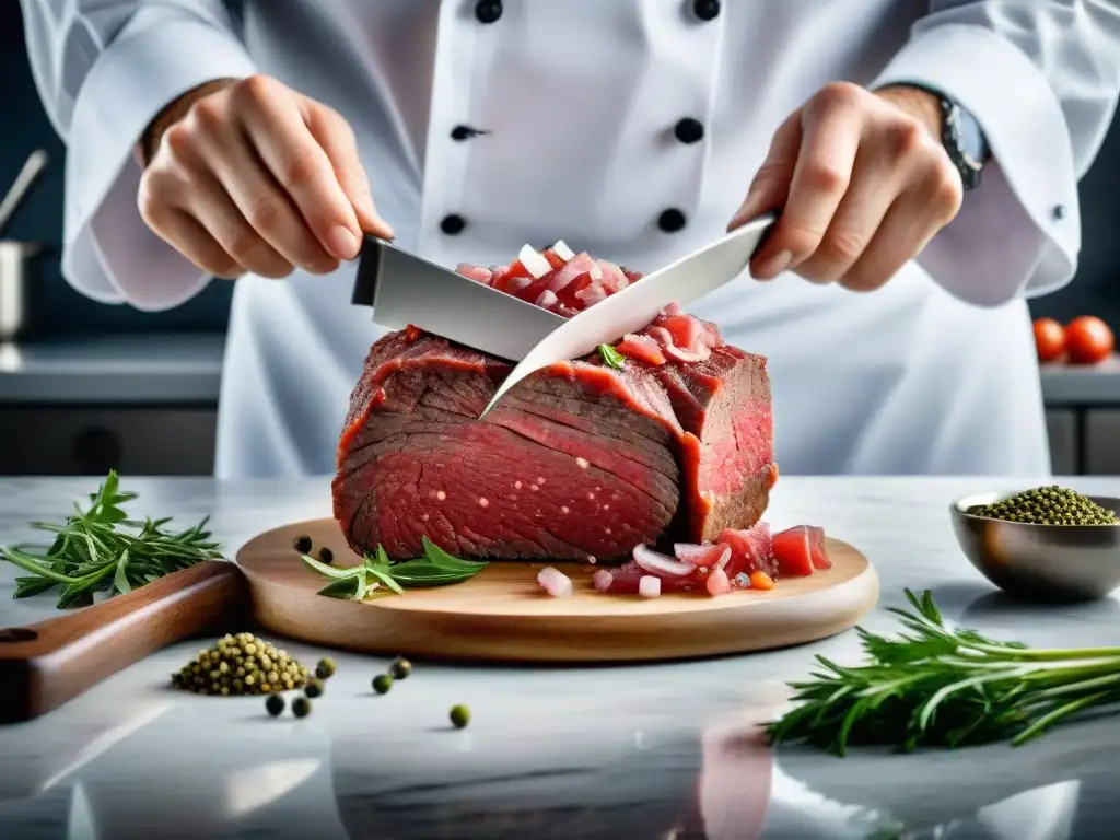 Un chef experto preparando steak tartare en casa con precisión y estilo culinario