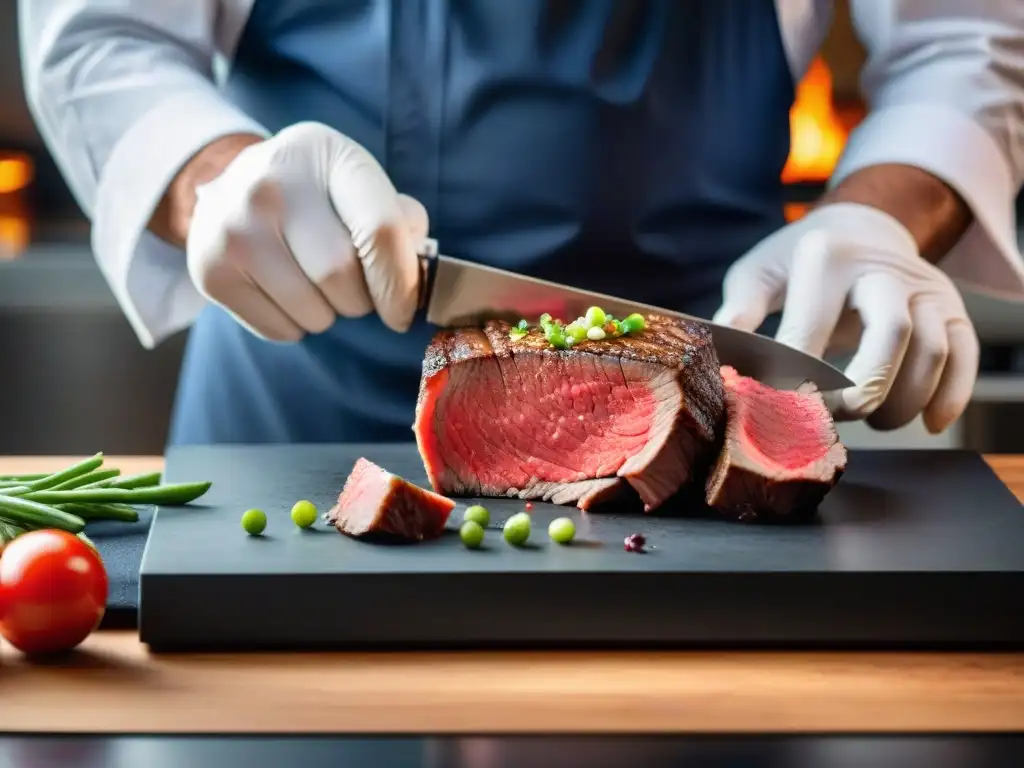 Un chef experto prepara steak tartare en casa, cortando con precisión una pieza de solomillo fresco