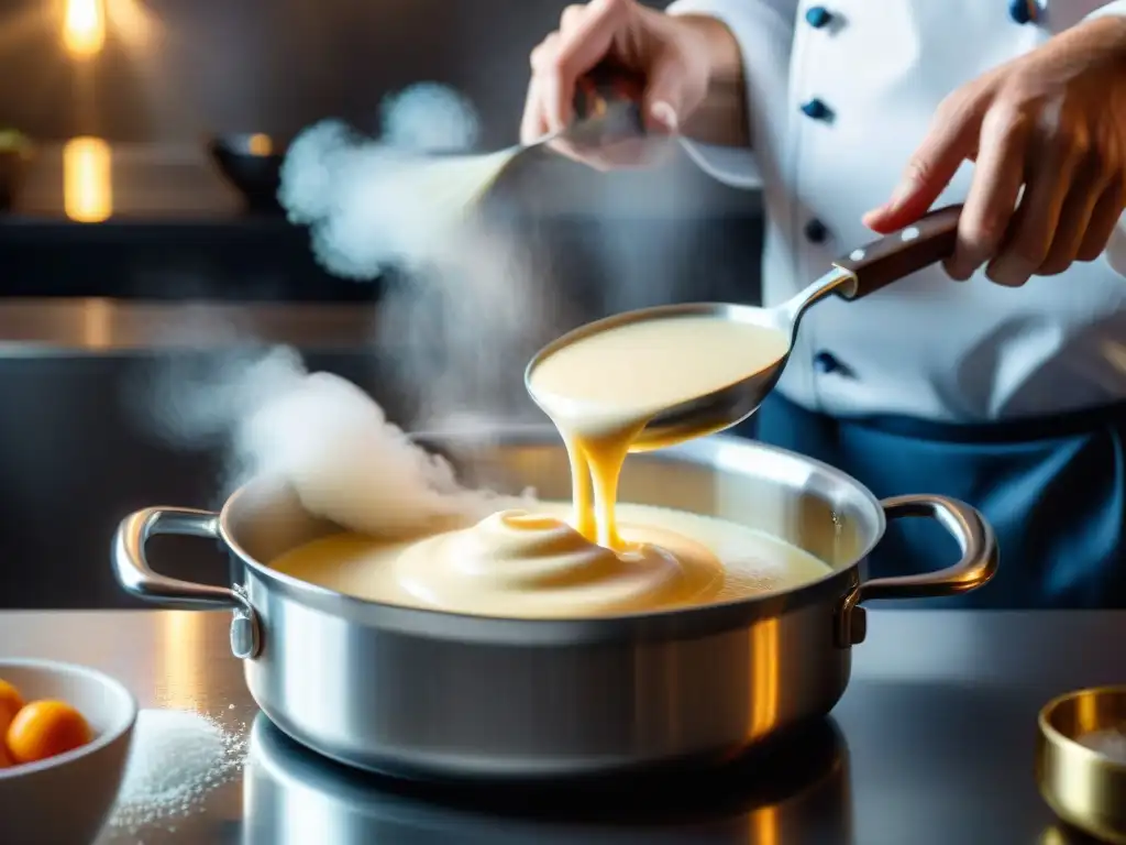 Un chef experto batiendo una suave salsa béchamel en una cacerola de acero inoxidable, resaltando la textura y brillo de la salsa