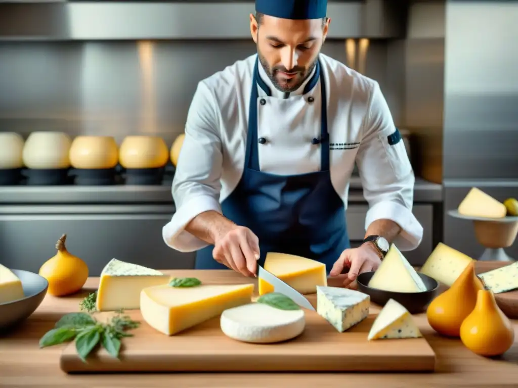 Un chef experto prepara una tabla de quesos franceses en una cocina moderna