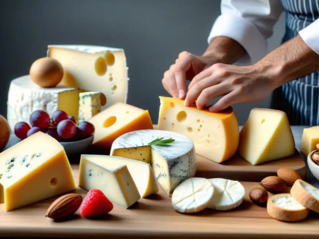 Un chef experto prepara una tabla de quesos franceses en una cocina moderna