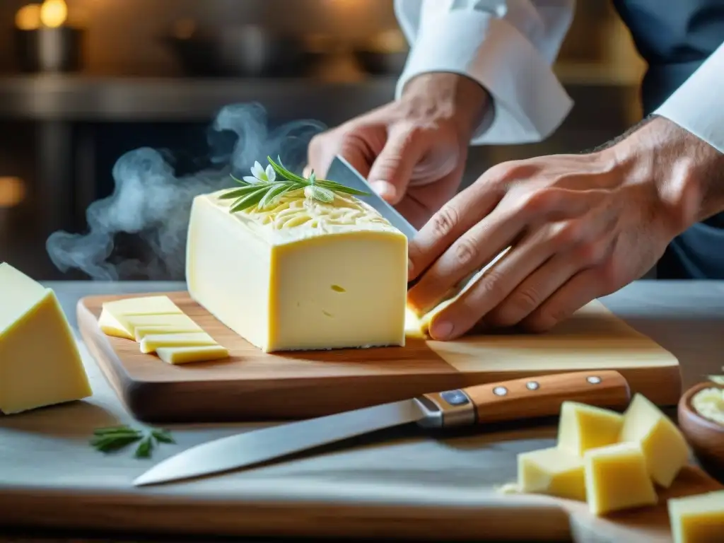 Un chef experto talla mantequilla con detalle para mesa de banquetes francesa