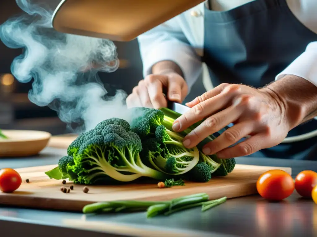 Un chef experto talla con precisión una decoración en un vegetal, destacando el arte del tallado en cocina francesa