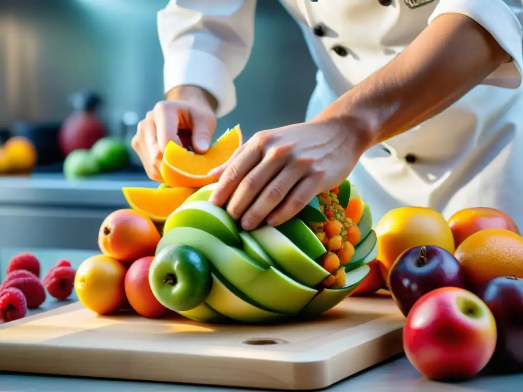 Un chef experto talla con precisión una escultura de frutas