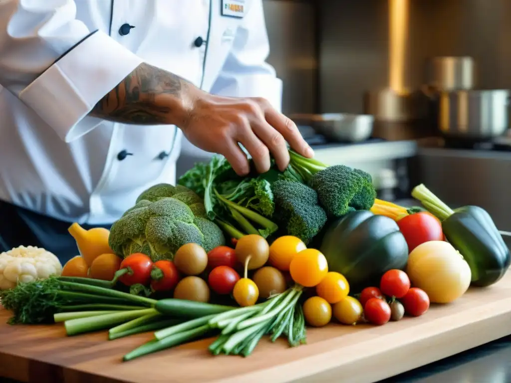 Un chef experto talla con precisión una elaborada decoración en vibrantes vegetales, destacando la tradición francesa de tallado de alimentos