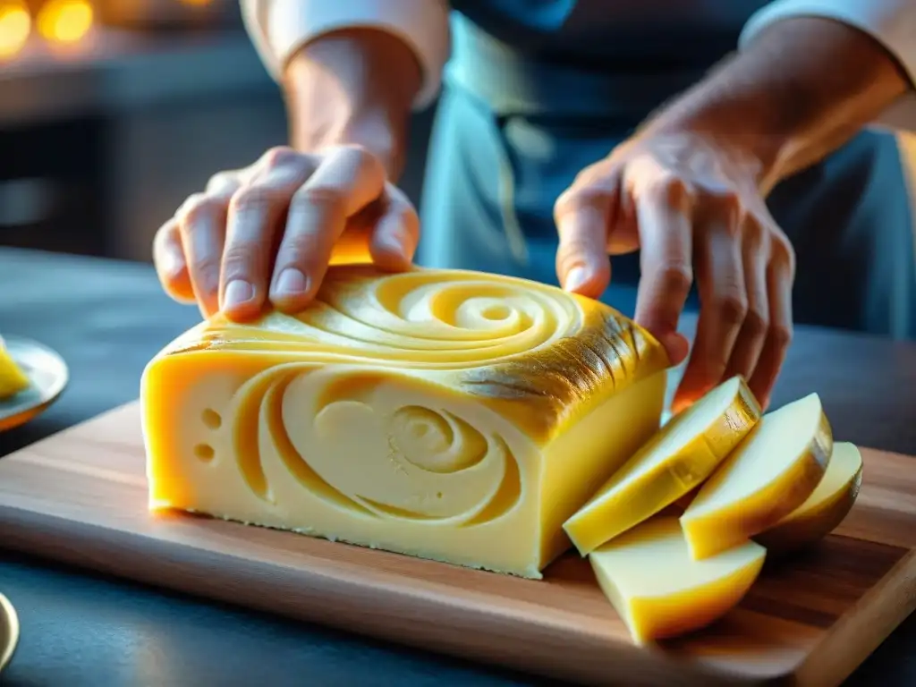 Un chef experto talla con precisión una mesa de mantequilla en un banquete francés