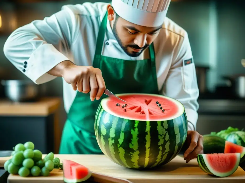 Un chef experto talla con precisión una sandía, mostrando la maestría en técnicas de tallado de alimentos