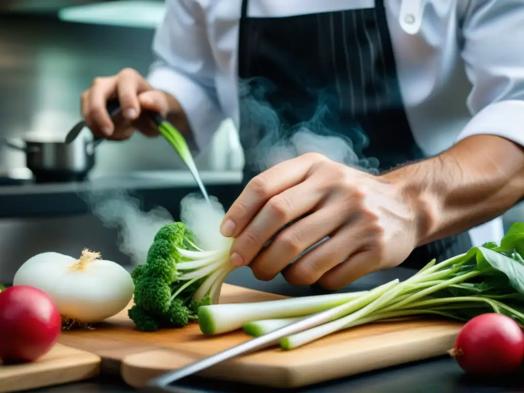 Un chef experto talla con precisión una decoración en un rábano, demostrando el arte del tallado en la gastronomía francesa