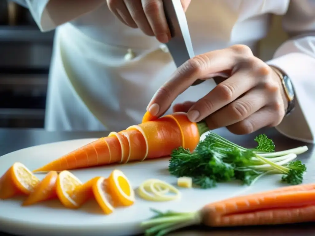 Un chef experto talla con precisión en una zanahoria naranja vibrante, destacando las técnicas de tallado de alimentos del chef