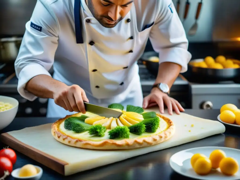 Un chef experto preparando una Tarta Flamiche de Puerros y Pescado en una cocina francesa tradicional