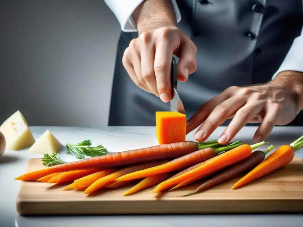 Un chef experto realiza la técnica brunoise en una zanahoria, reflejando la precisión de la cocina francesa