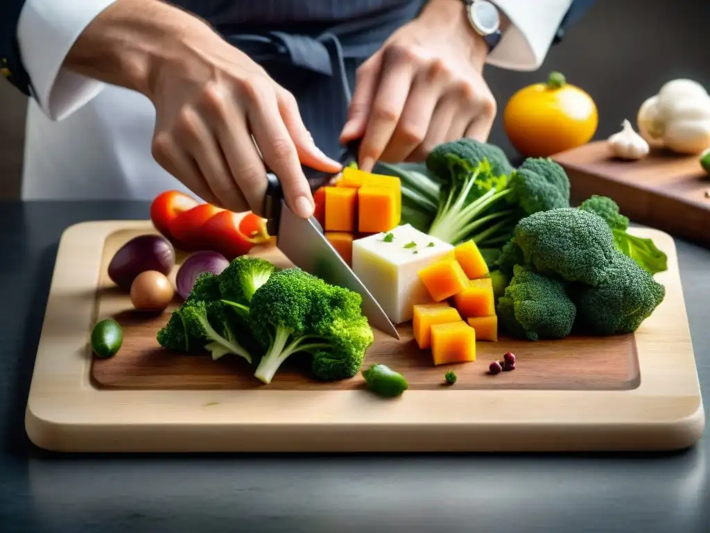 Un chef experto en técnica brunoise cocina francesa corta vegetales con precisión en tabla de madera