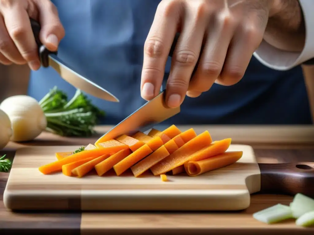 Un chef experto realiza la técnica brunoise en una zanahoria, demostrando precisión y destreza en la cocina francesa