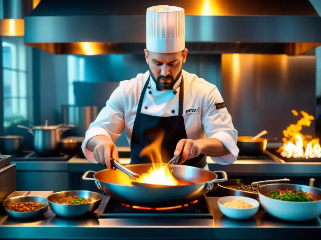 Chef experto en técnica de flambeado en la cocina, creando una escena intensa y dramática con llamas danzantes