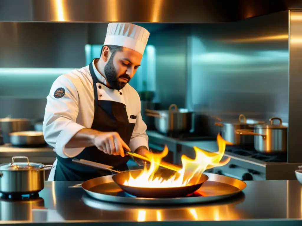 Un chef experto en técnica de flambeado en la cocina crea una danza de llamas en una cocina profesional