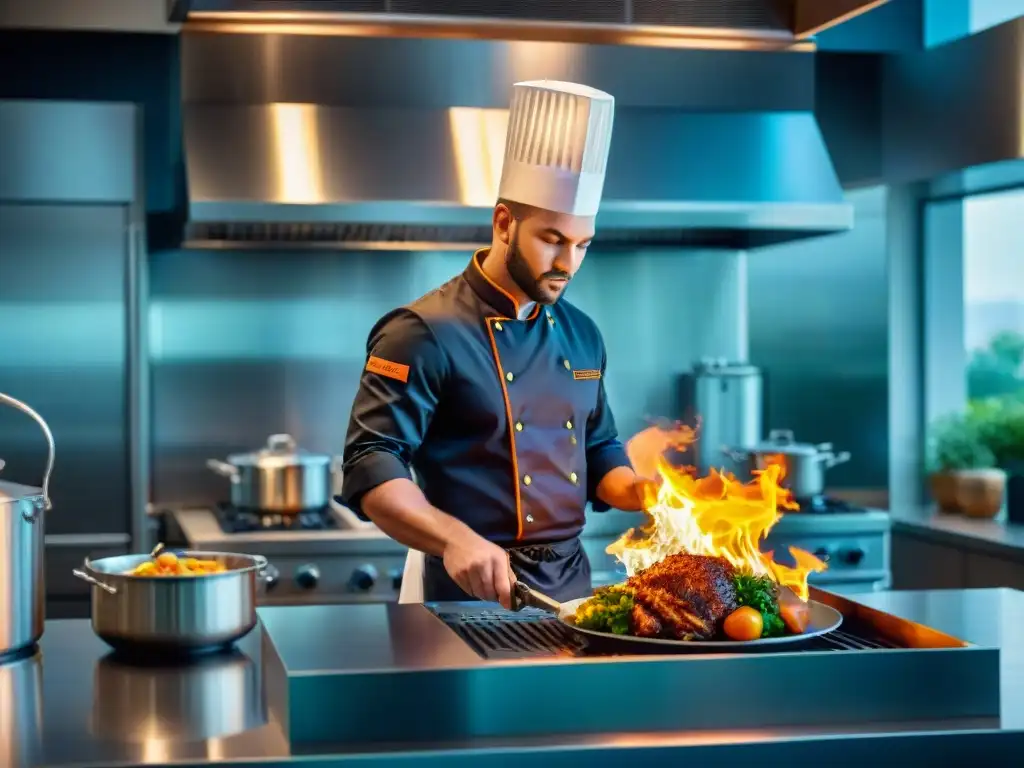 Chef experto en técnica de flambeado en la cocina, creando un espectáculo culinario impresionante con llamas vibrantes