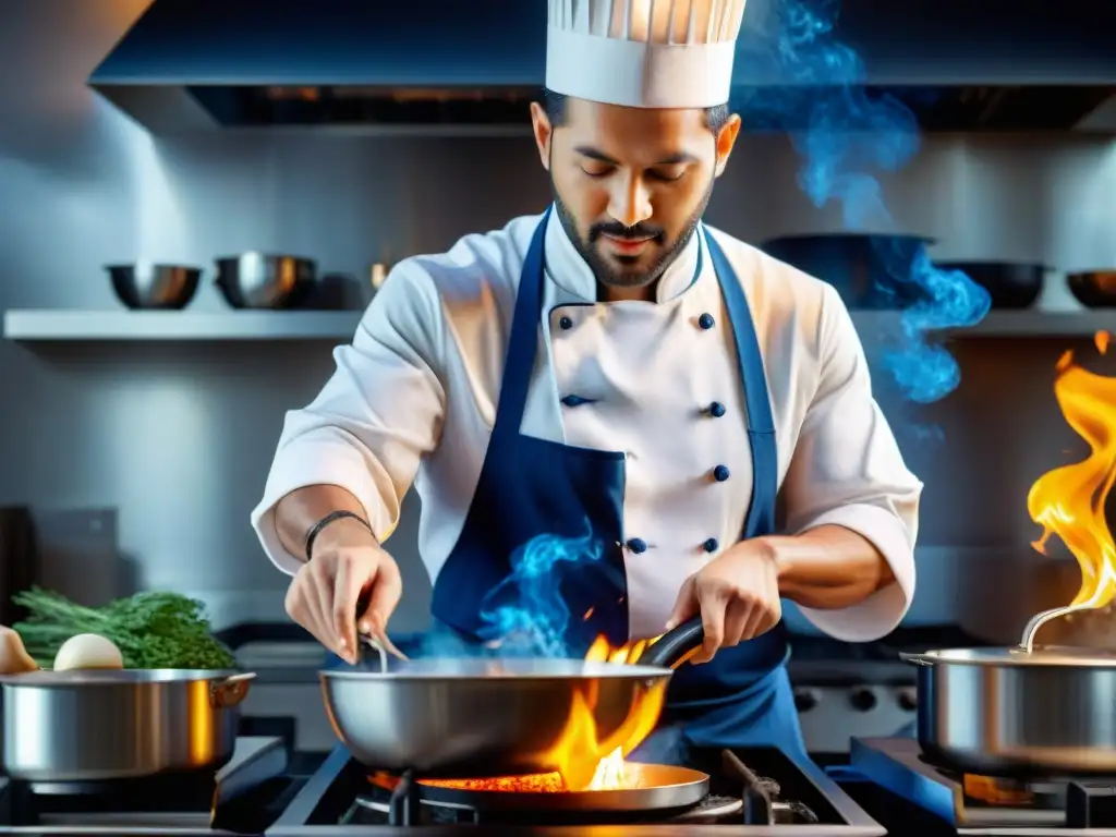 Chef experto en técnica de flambeado en la cocina, creando un espectáculo de llamas vibrantes y destreza culinaria