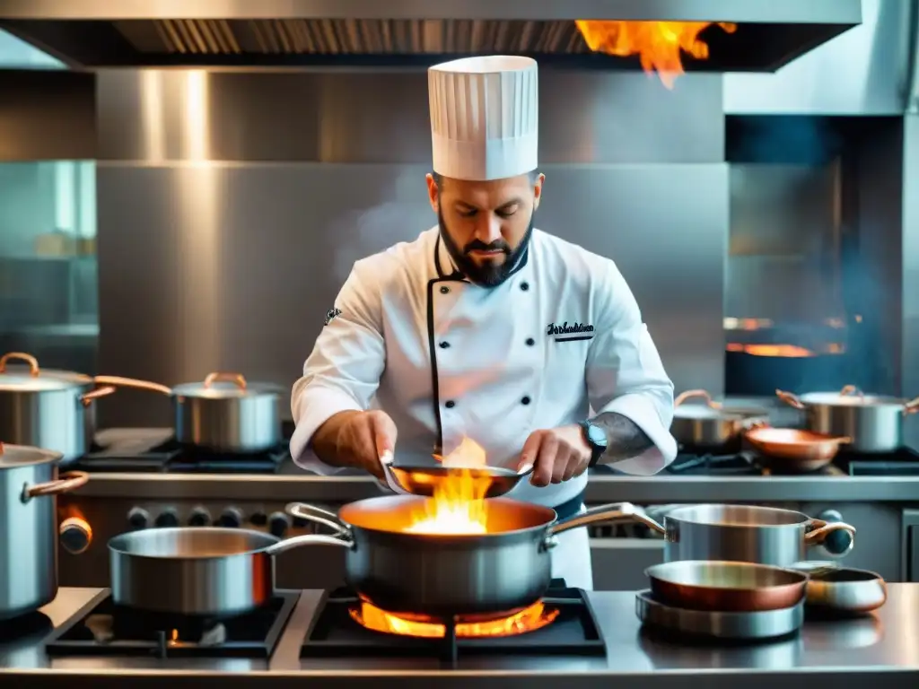 Un chef experto en la técnica de flambeado en la cocina crea una danza de llamas en un entorno profesional, mostrando precisión y arte culinario