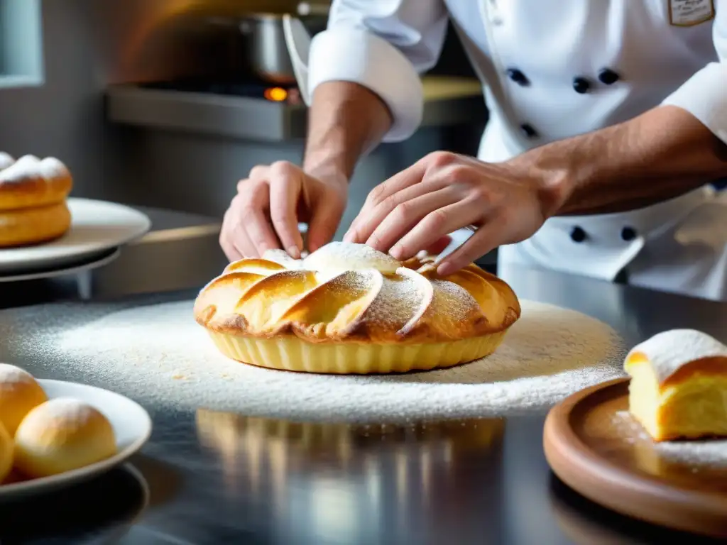 Un chef experto en técnicas avanzadas de cocina francesa crea con precisión un delicado postre en una bulliciosa cocina profesional