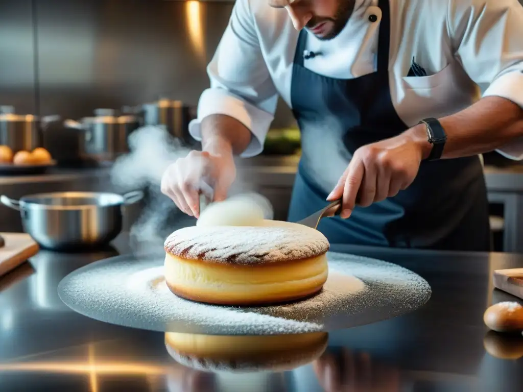 Un chef experto en técnicas avanzadas de cocina francesa crea una obra maestra de repostería en una cocina profesional