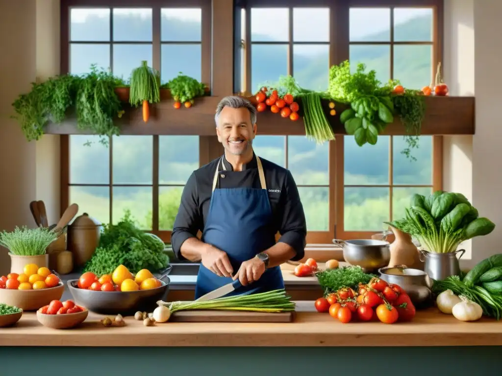 Un chef experto demostrando técnicas avanzadas de cocina con vegetales frescos en una cocina francesa tradicional