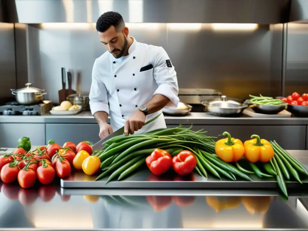 Un chef experto en técnicas avanzadas cocina vegetales frescos con destreza en una cocina francesa impecable