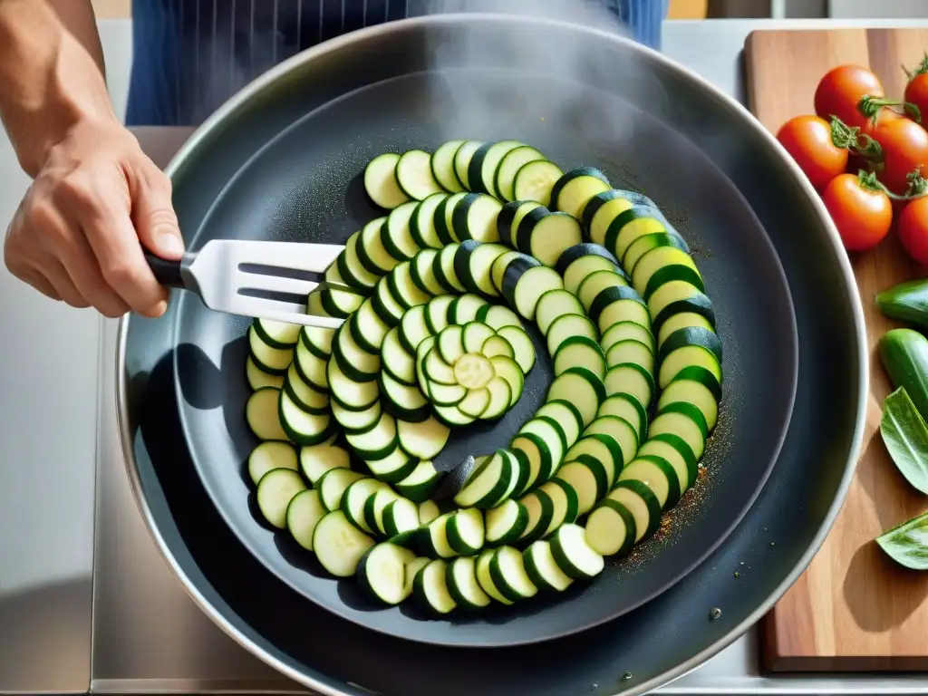 Un chef experto realiza técnicas avanzadas ratatouille vegetal con destreza, creando una obra culinaria vibrante y exquisita