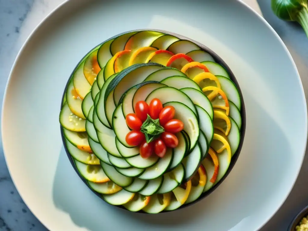 Un chef experto en técnicas avanzadas de ratatouille vegetal crea una presentación innovadora y colorida en un elegante plato blanco