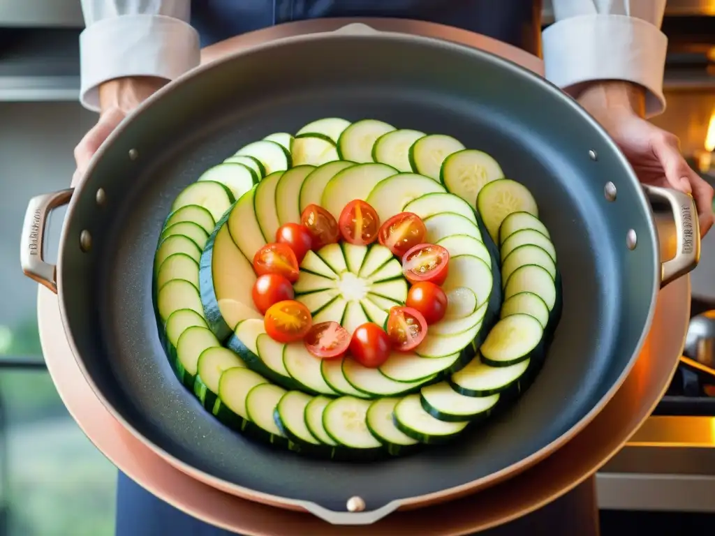 Un chef experto en técnicas avanzadas de ratatouille vegetal prepara con precisión un colorido plato francés