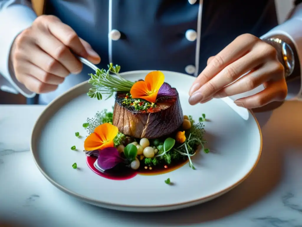 Un chef experto en técnicas avanzadas de presentación de platos franceses decora con precisión un Coq au Vin con flores comestibles y microgreens, mostrando una verdadera obra de arte gastronómica