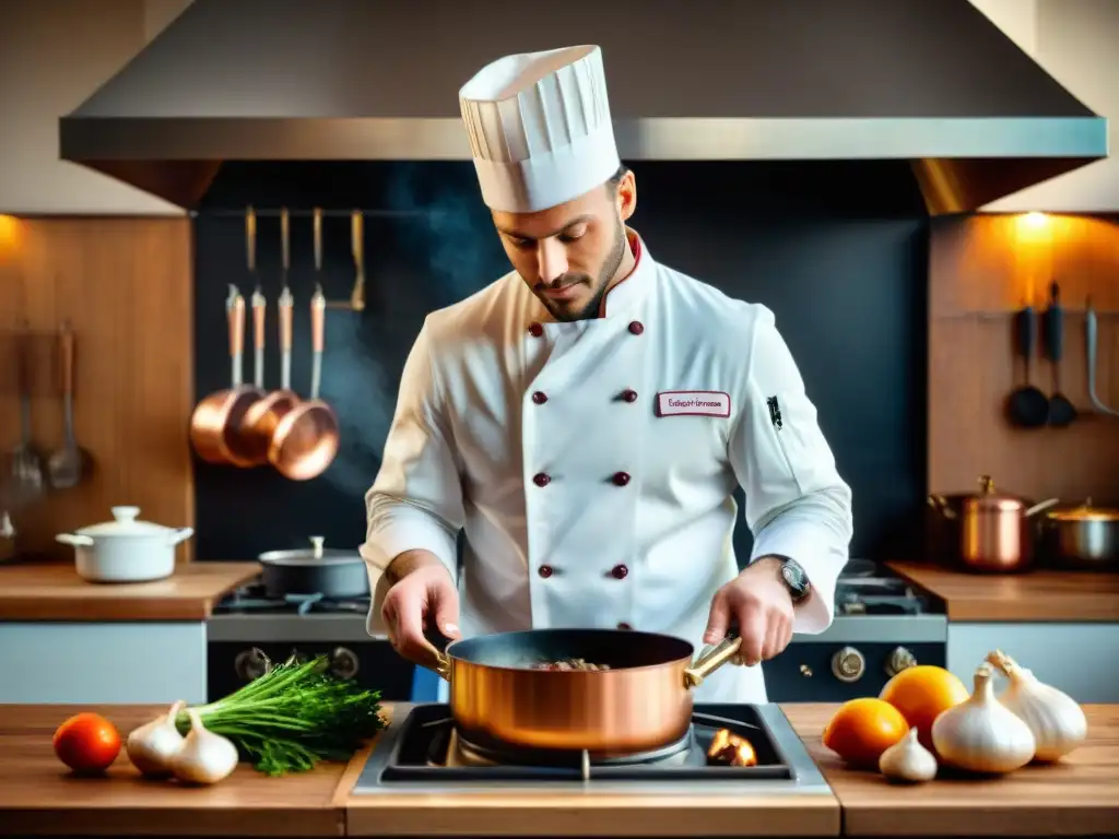 Un chef experto en técnicas avanzadas de cocina francesa preparando un exquisito Coq au Vin en una cocina tradicional