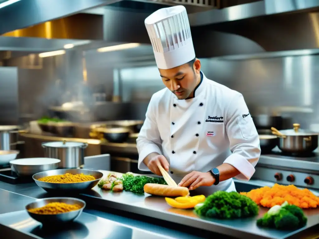 Un chef experto fusionando técnicas culinarias francesas y ingredientes asiáticos en una cocina bulliciosa