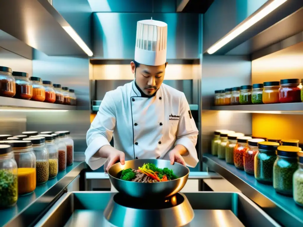 Un chef experto fusionando técnicas culinarias francesas y asiáticas, creando un plato vibrante