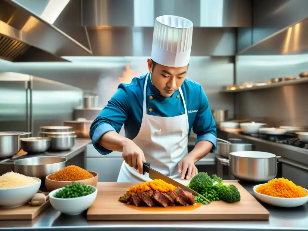 Un chef experto fusionando técnicas culinarias asiáticas y francesas en una cocina bulliciosa