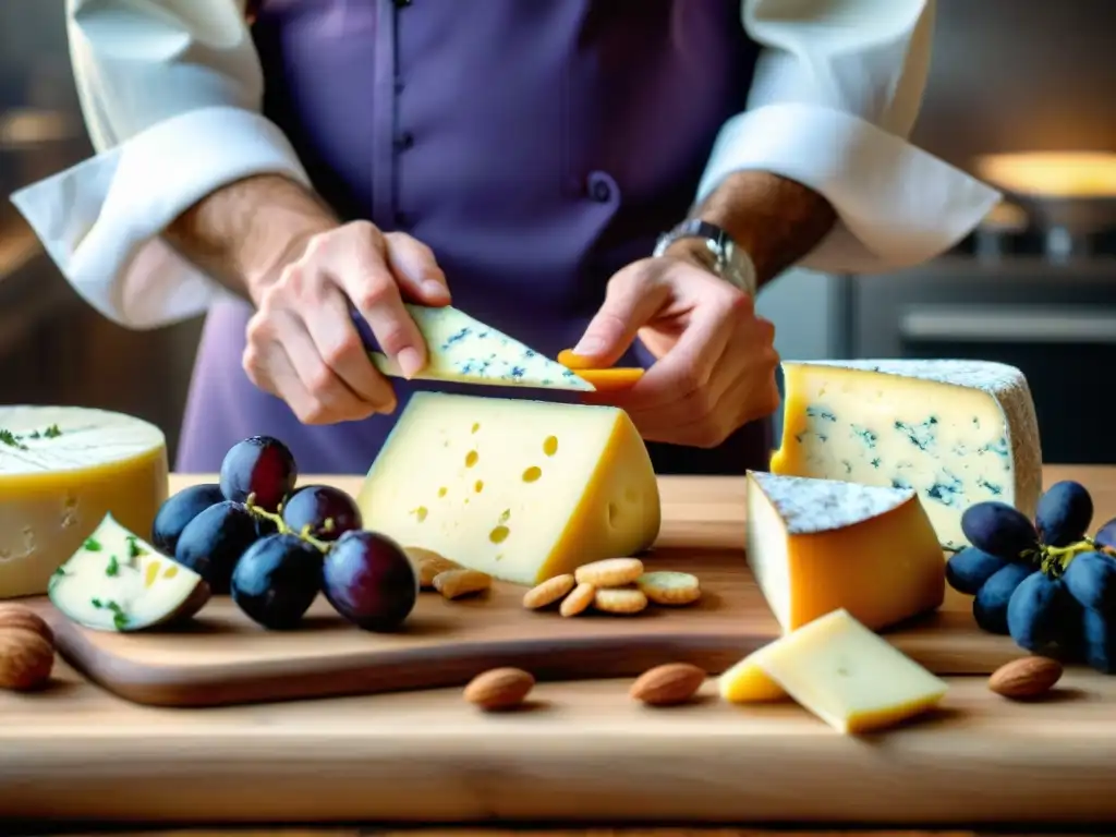 Un chef experto en técnicas culinarias crea un exquisito plato francés de quesos en una tabla de madera rústica