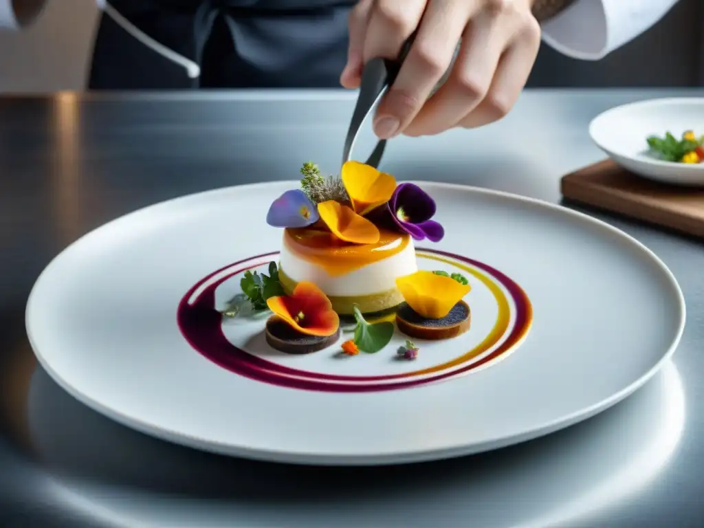 Un chef experto fusiona técnicas culinarias francesas innovadoras con arte en un plato vanguardista