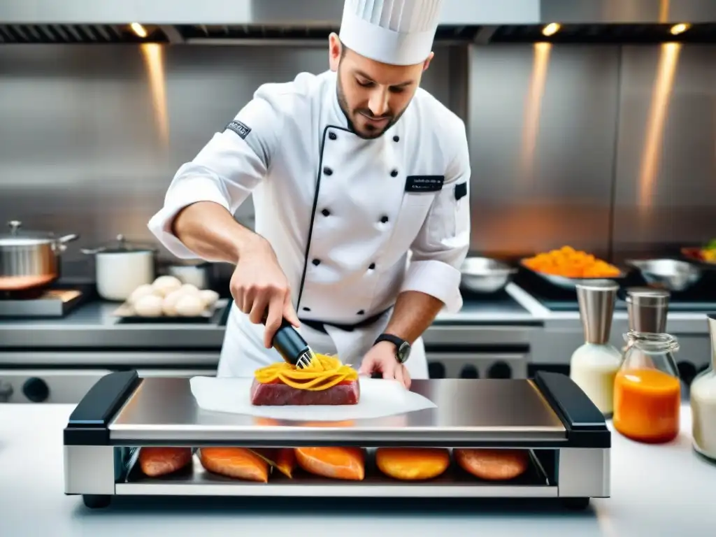 Un chef experto en técnicas al vacío gastronomía francesa sella con precisión un exquisito plato francés en una bulliciosa cocina de bistró